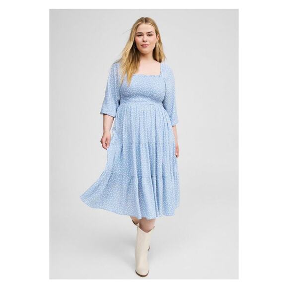 Torrid Blue Dot Smocked Bodice Crinkle Gauze Midi Dress Sz.2 - Picture 1 of 16